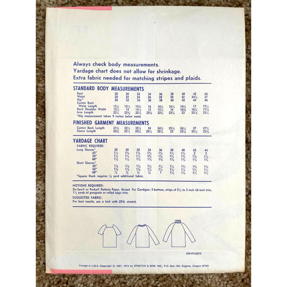 UNCUT Vintage 1970s Stretch & Sew 200 Sewing Pattern Size XXS-XXL Top & Sweater - Picture 3 of 3